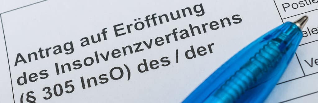 Foto für den Blogartikel "Privatinsolvenz online anmelden - geht das?". Auf dem Foto sieht man ein ausgefülltes Formular (Antrag auf Eröffnung des Insolvenzverfahrens) mit blauem Kugelschreiber - symbolisch für das Anmelden einer Privatinsolvenz.