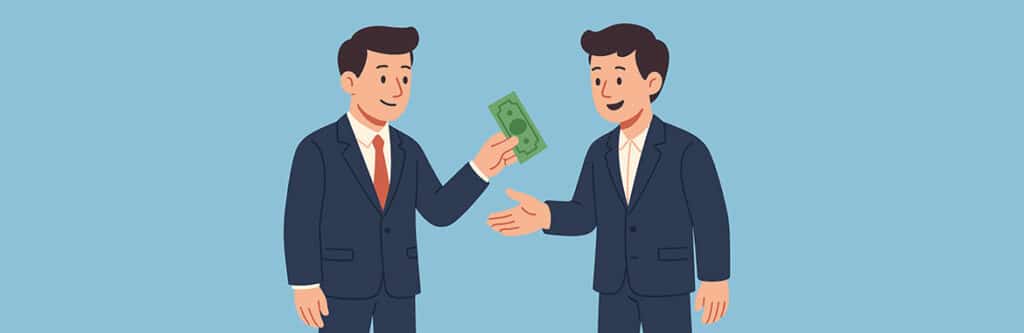 Foto für den Blogartikel "Privatinsolvenz - was passiert mit Schulden bei Freunden?". Auf dem Foto sieht man zwei Freunde im Anzug, einer gibt dem anderen Geldscheine – symbolisch für Schulden bei Freunden.